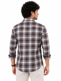 Sport checkered casual brown shirt featuring a spread collar