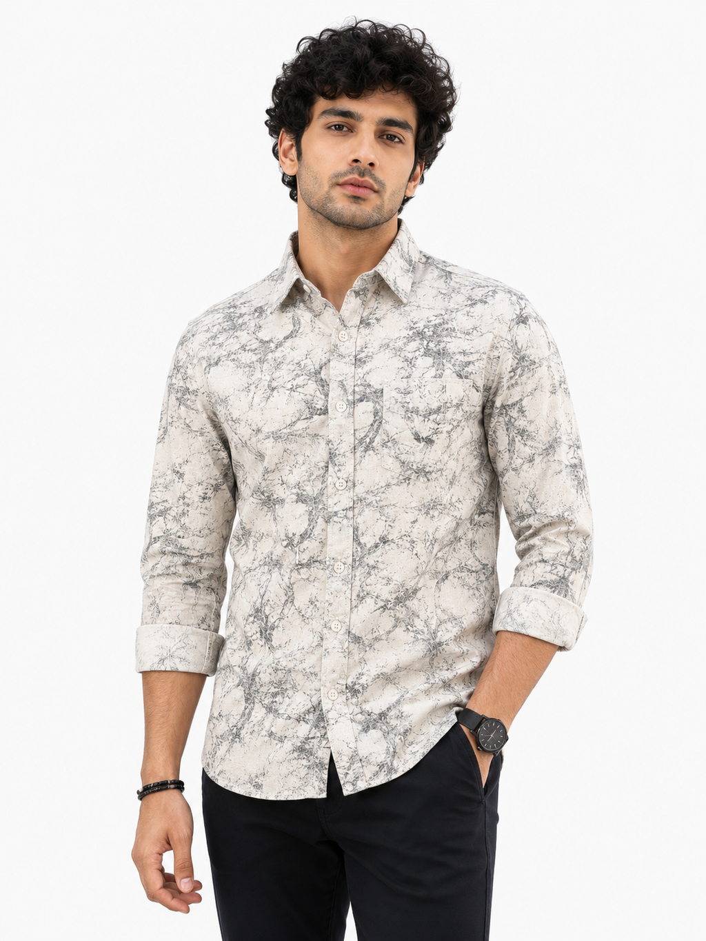 men's printed casual shirt features a grey and white marble-like pattern.