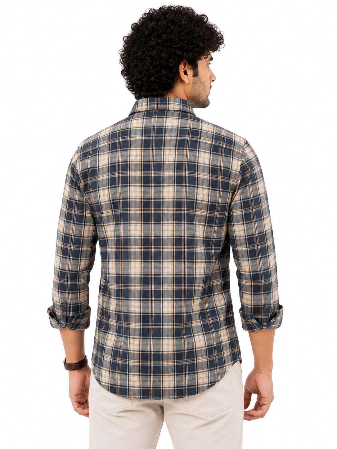 Sport checkered casual blue shirt featuring a spread collar