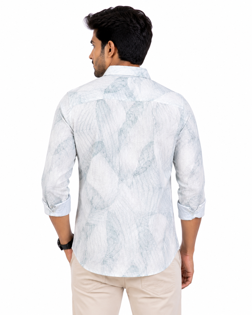 men's printed casual shirt features a grey and blue white marble-like pattern.