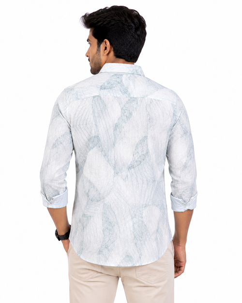 men's printed casual shirt features a grey and blue white marble-like pattern.