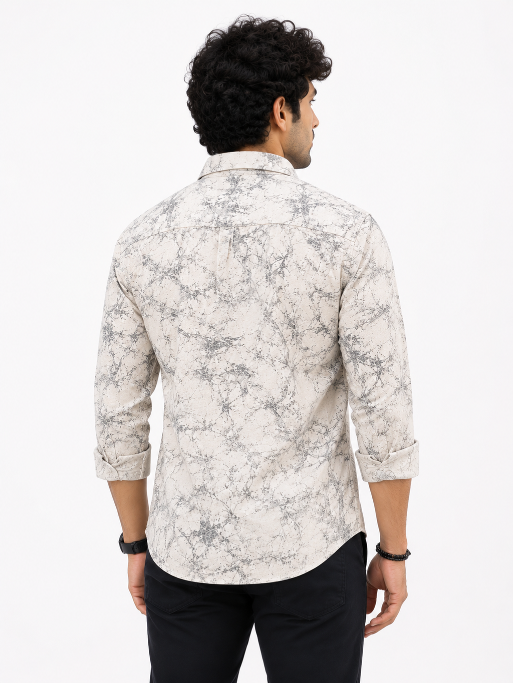 men's printed casual shirt features a grey and white marble-like pattern.
