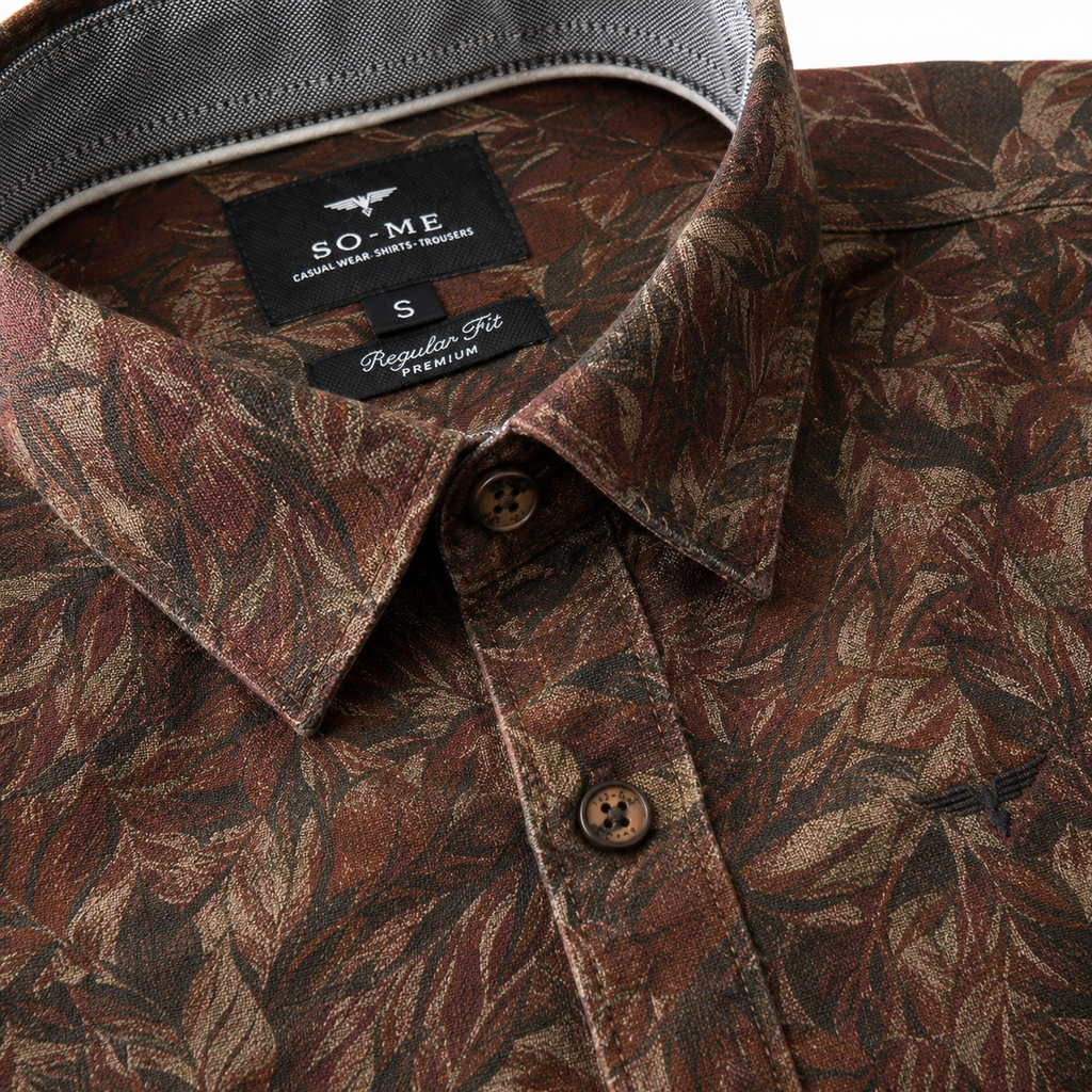 SO-ME brand brown printed casual shirt in a regular fit with a spread collar.