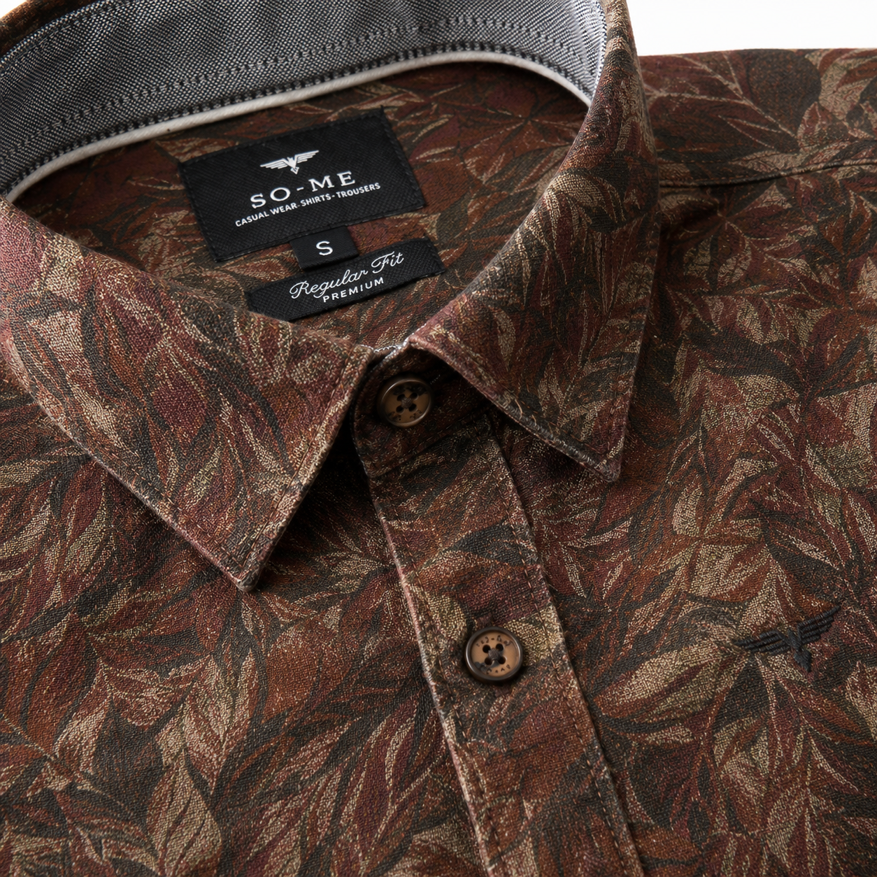 SO-ME brand brown printed casual shirt in a regular fit with a spread collar.