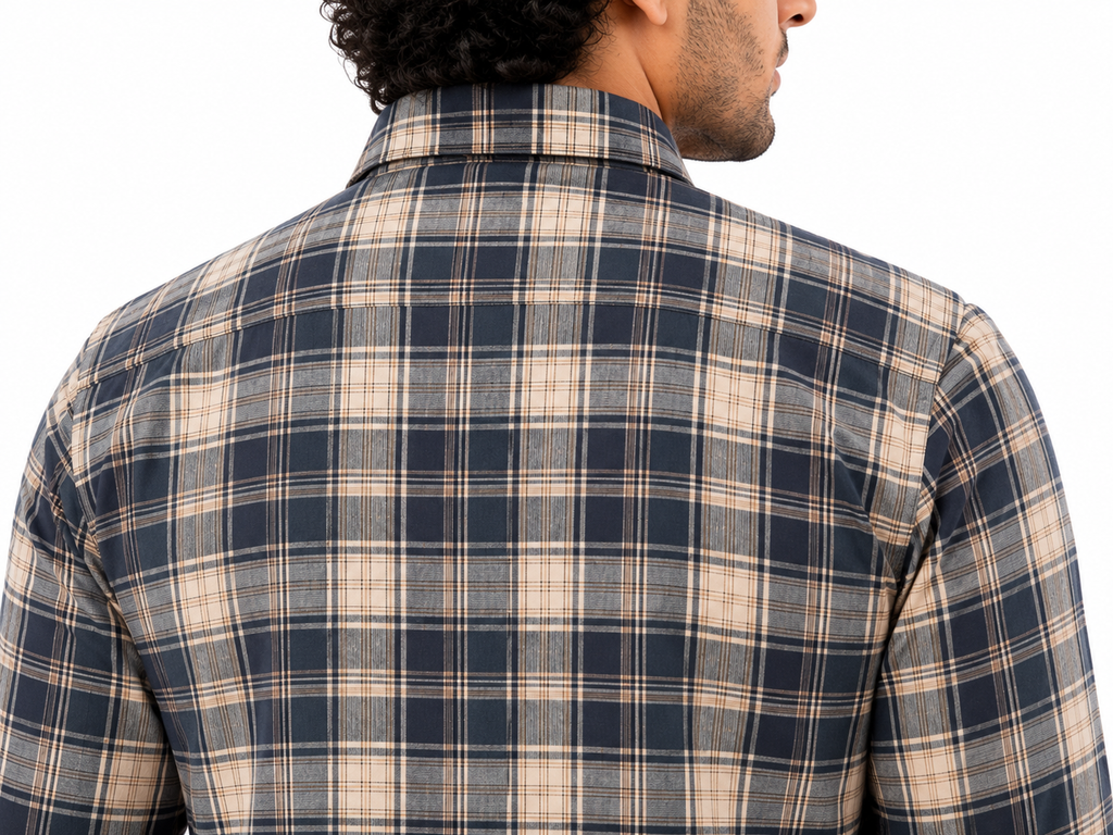 Sport checkered casual blue shirt featuring a spread collar