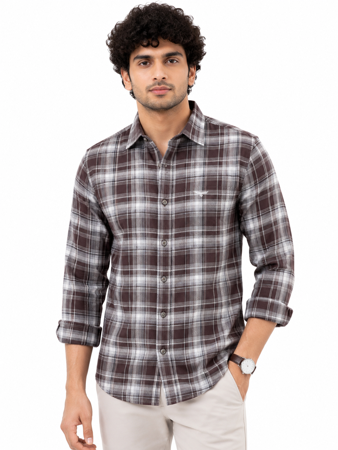 Sport checkered casual brown shirt featuring a spread collar