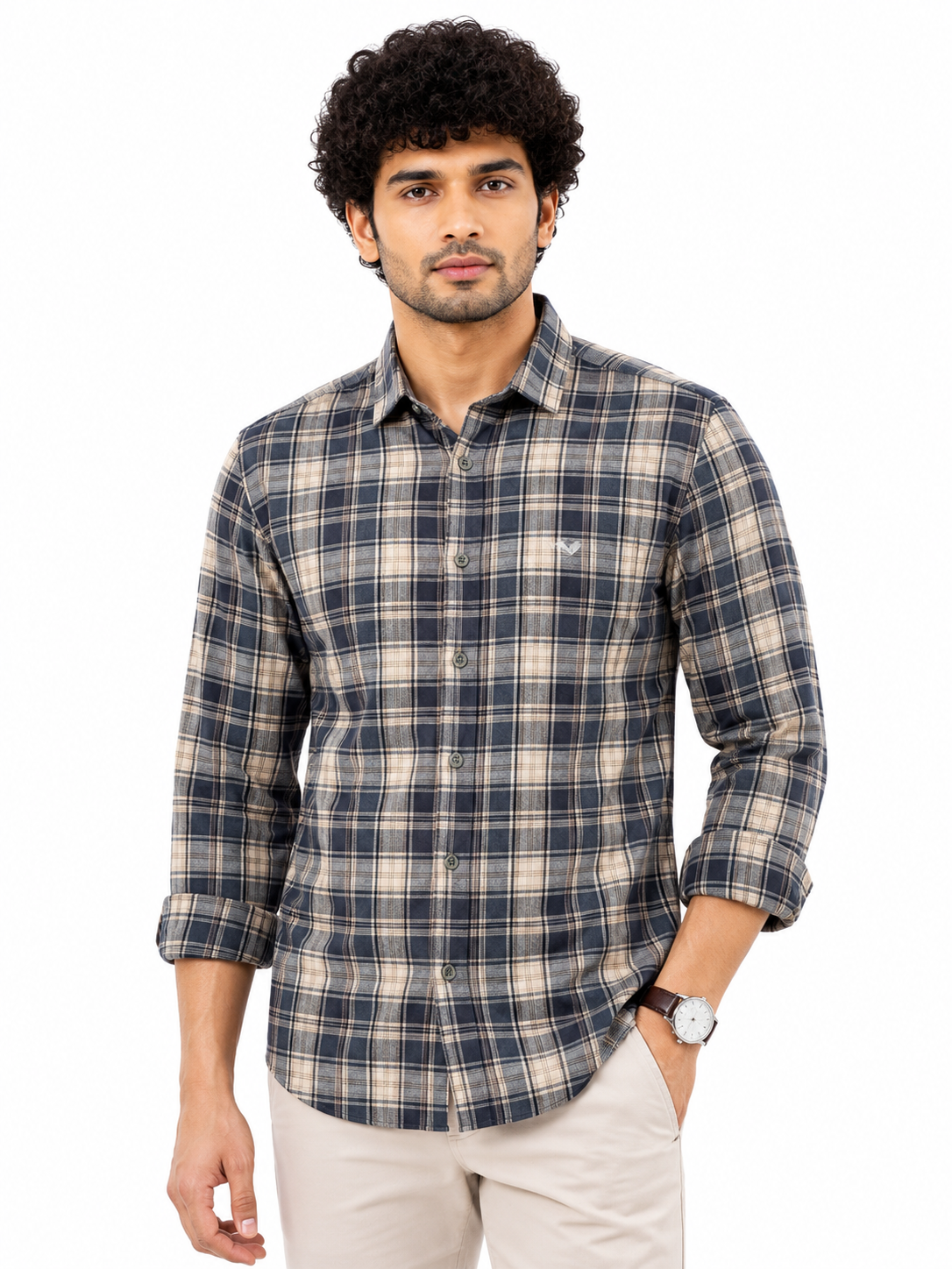 Sport checkered casual blue shirt featuring a spread collar