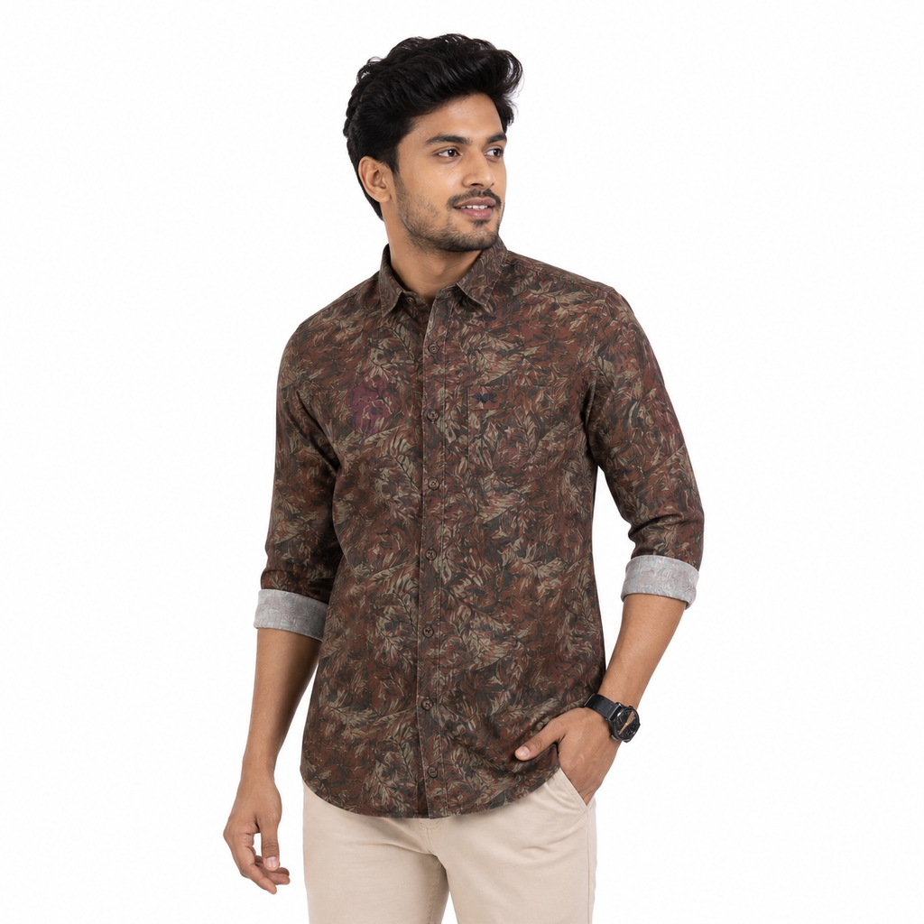 SO-ME brand brown printed casual shirt in a regular fit with a spread collar.