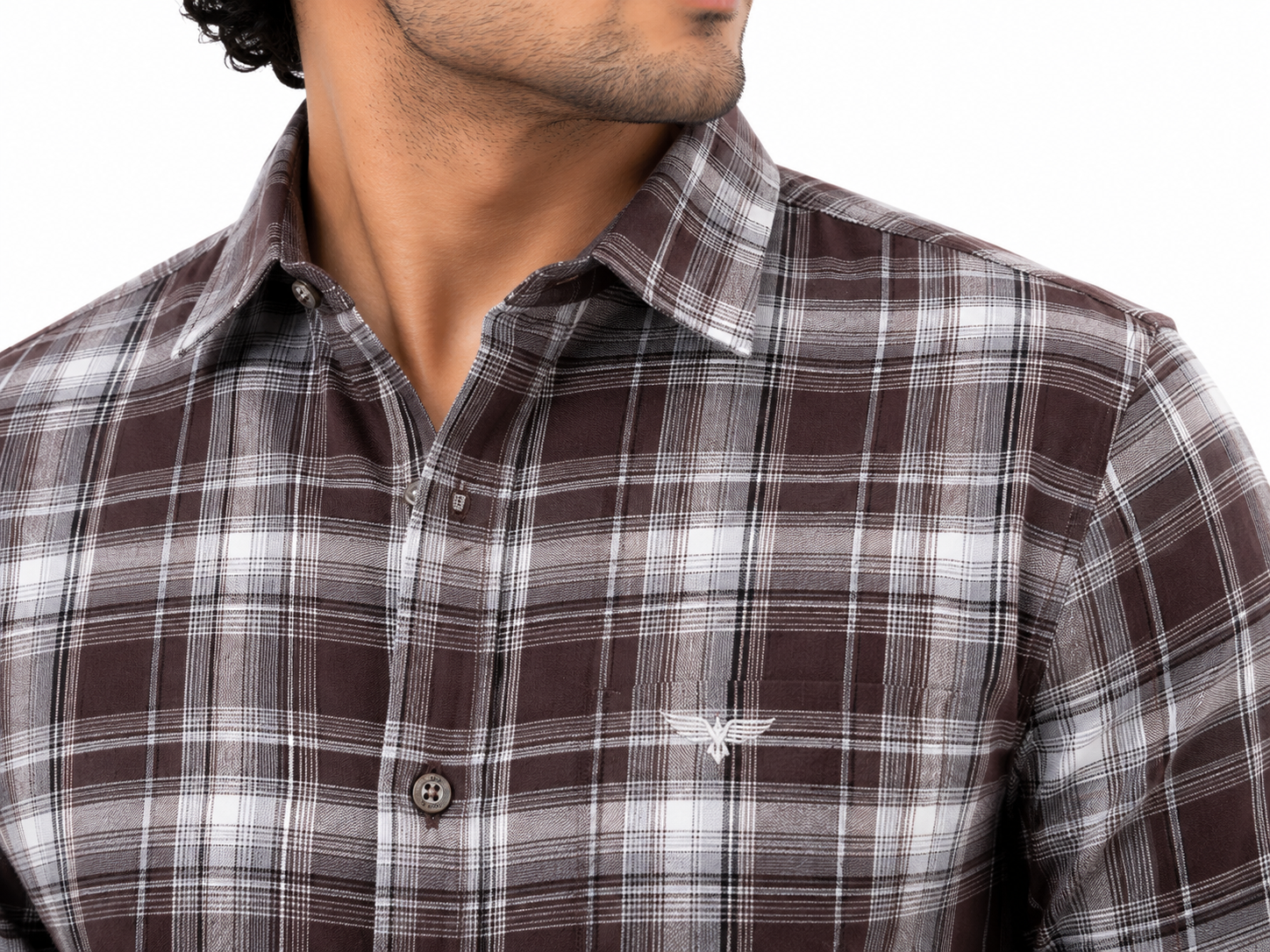 Sport checkered casual brown shirt featuring a spread collar