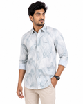 men's printed casual shirt features a grey and blue white marble-like pattern.