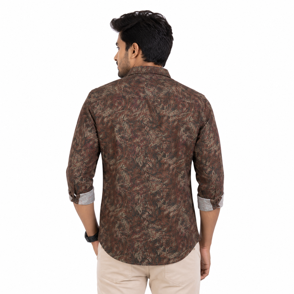 SO-ME brand brown printed casual shirt in a regular fit with a spread collar.