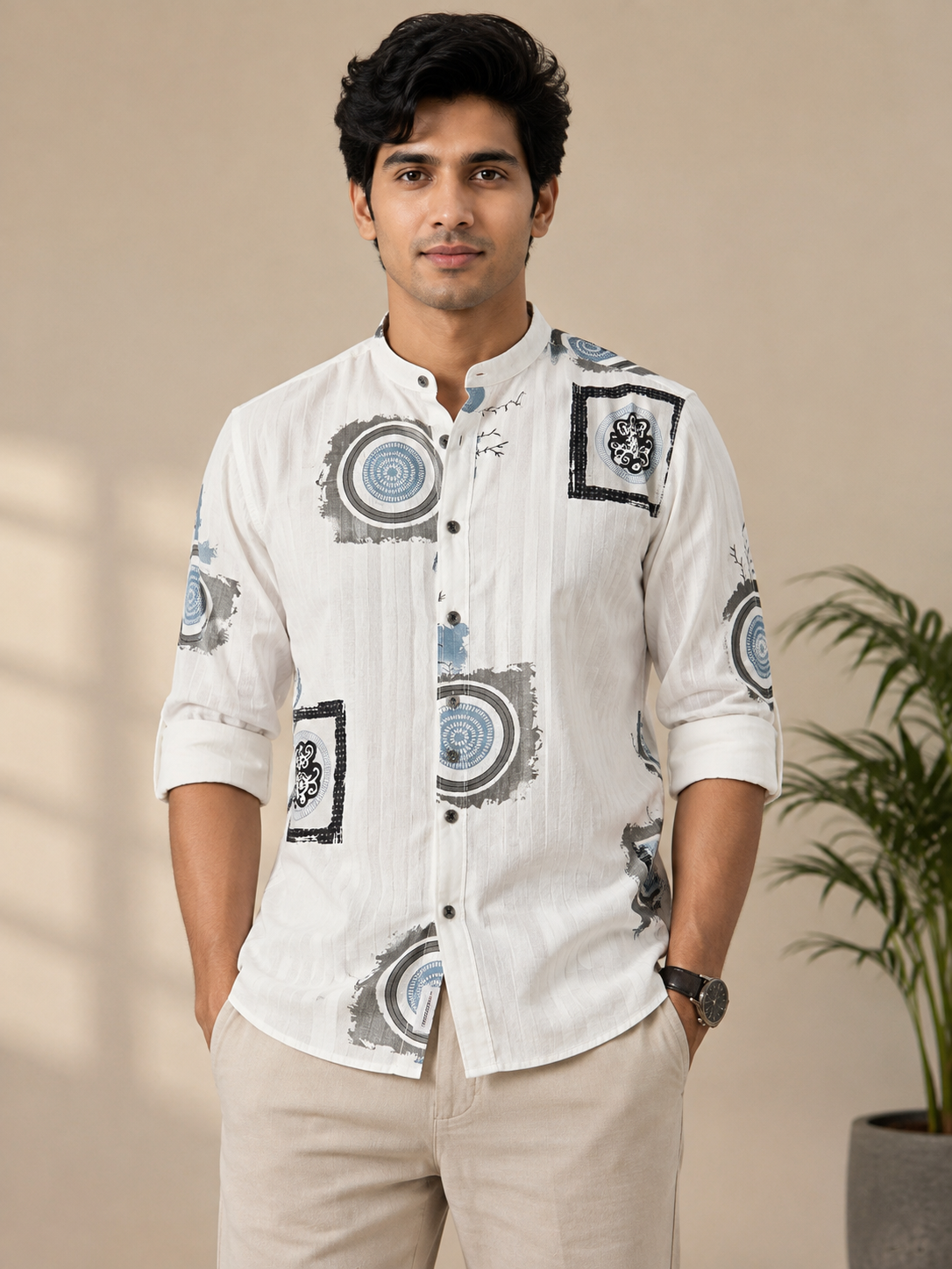 Mens White Casual Shirt with floral print Multicolor