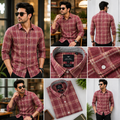 maroon checkered shirt features a spread collar and is crafted from a cotton blend